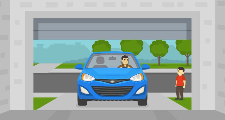 Illustration of a resident driving into the garage with a child watching.