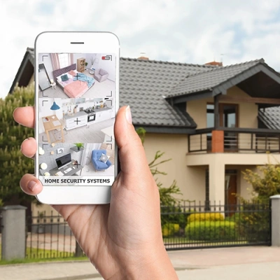 Philadelphia vivint phone display of cctv live feed in front of a house